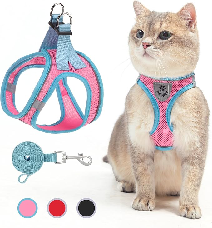 SCENEREAL Cat Harness and Leash Set Escape Proof, Adjustable Soft Air Mesh Kitten Harnesses for Girls Boys Small Medium Big Cats, Reflective Light Travel Pet Walking Vest for Puppy Rabbit, Pink L