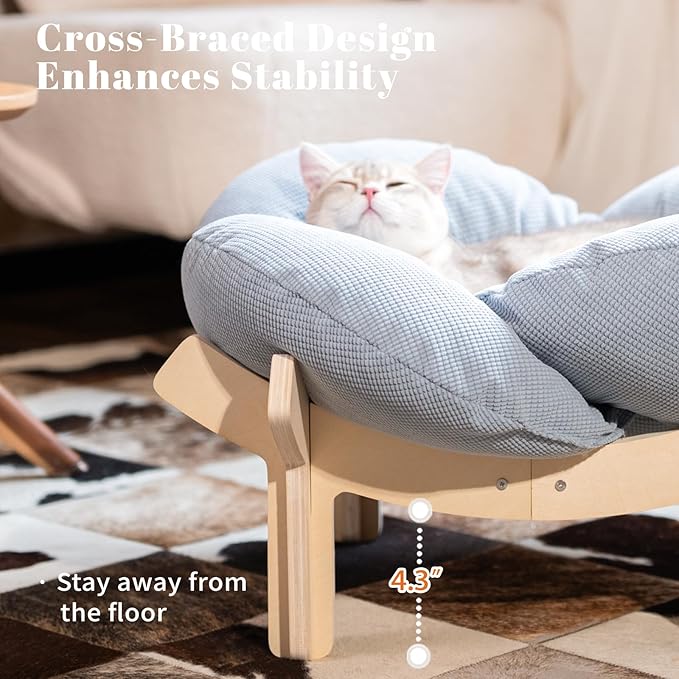 CHEERHOME PETS Elevated Cat Bed Wooden with Cushion Fluffy Pet Couch Sofa for Indoor Cats Raised Kitty Lounge Chair Suitable for Puppy, Cat Furniture(Light Blue)