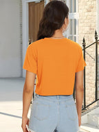 Womens Summer Crop Tops Short Sleeve Round Neck T-Shirts Loose Fit Casual Blouse