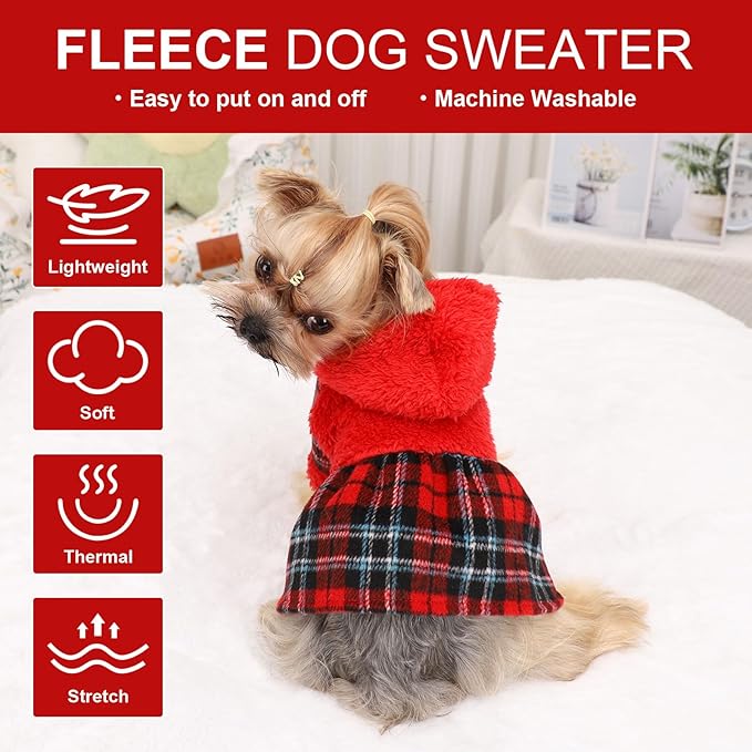Dog Hoodie Dog Christmas Sweater Puppy Clothes for Small Dogs Boy Girl Pet Hoodies for Dogs Cold Weather Doggie Coats Fall Doggy Sweatshirt for Chihuahua Yorkie Cat Sweater Costumes, Plaid Red, S