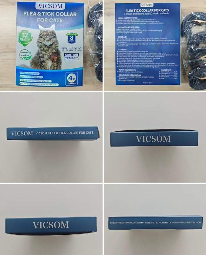 VICSOM 4 Pack Flea and Tick Collar for Cats, 32 Months Treatment, Waterproof Adjustable Kitten Flea Collar, Flea Prevention, Black
