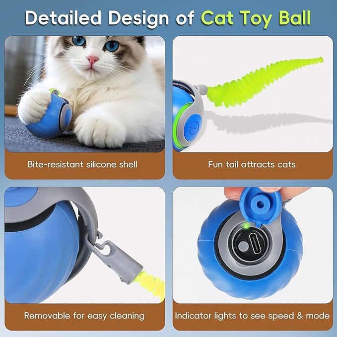 2Pcs Interactive Cat Toy 2.0, Automatic Moving Cat Ball Toy for Indoor Cats, Electric Rolling Pet Ball with Tail, Two Speed Adjustment, Pet Play Toys Balls (Blue+Orange)