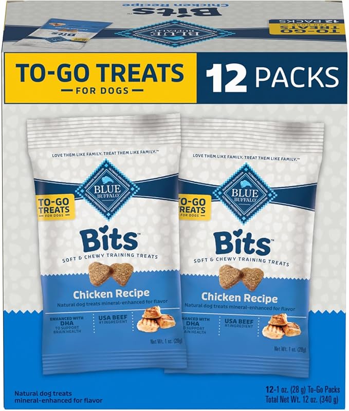 Blue Buffalo BLUE Bits Natural Soft Moist Training Dog Treats TOGO Chicken Recipe Bags, contains Twelve (12) oz bags
