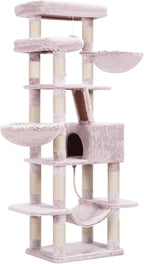 Heybly Cat Tree, 68 inch Multi-Level Cat Tower for Indoor Cats, 2 Widened Plush Perches Cat Condo with Scratching Board and Big Caves, Muchroom HCT025MU