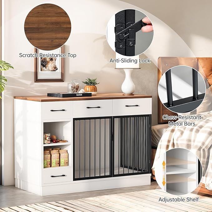 47.2" Dog Crate Furniture with Storage Drawers & Hidden Bowl, Wooden Indoor Kennel with Shelf & 2 Doors, Pet Cage for Small/Medium Dogs