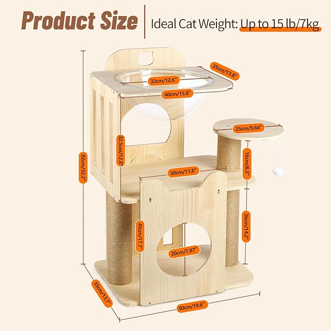 Cat Tree Tower, 32" Tall Wood Cat House Condo with Scratching Post, Cat Tower with Clear Space Capsule Detachable Cat Furniture for Indoor Small and Medium Cats