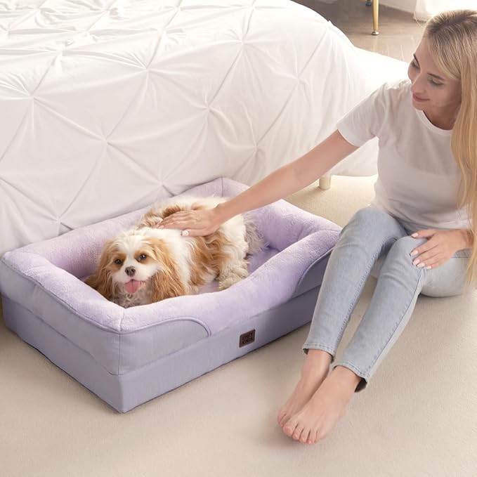 EHEYCIGA Memory Foam Dog Bed for Medium Size, Orthopedic Dog Sofa with Sides and Waterproof Liner, Washable Bolster Pet Couch with Removable Cover, 35x22x6.5 Inch, Purple