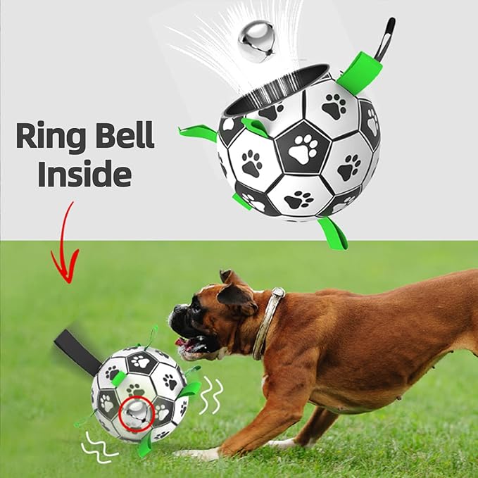QDAN Dog Soccer Balls Toy with Bell Inside, Outdoor Interactive Dog Toys, Durable Ropes Squeaky Ball for Medium Large Dogs (8 Inch)