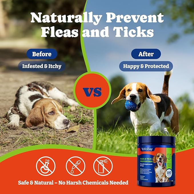 Flea and Tick Prevention for Dogs Chewable - 180 Soft Chews, Duck & Pear Flavor - Dog Flea and Tick Treatment Chewable, Natural Defense- Dog Immune Support Supplement