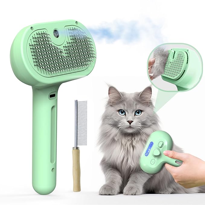 Pet Grooming Brush with Electronic Mist Spray - Gentle Deshedding Tool for Cats & Dogs, Pet Steam Brush，Reduces Shedding, Soft Bristles, Promotes Healthy Coat-Comes with a hair smoothing comb-Greener