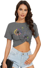 Womens Summer Crop Tops Short Sleeve Round Neck T-Shirts Loose Fit Casual Blouse