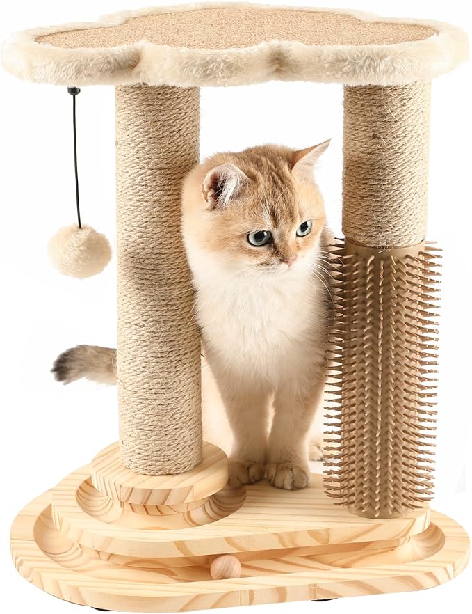 Made4Pets Cat Scratching Post, Cat Self Groomer for Indoor Cats, Cloud Soft Perch for Rest, 17.5" Tall Natural Sisal Scratcher Cat Grooming Interactive Ball Track Toys for Small Cats Kittens