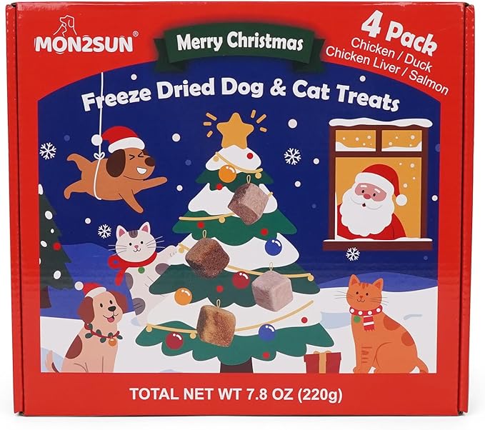 MON2SUN Christmas Dog and Cat Treats, Freeze-Dried Holiday Box Treats, Single Ingredient, High Protein Training Treats & Food Topper, 7.8 oz
