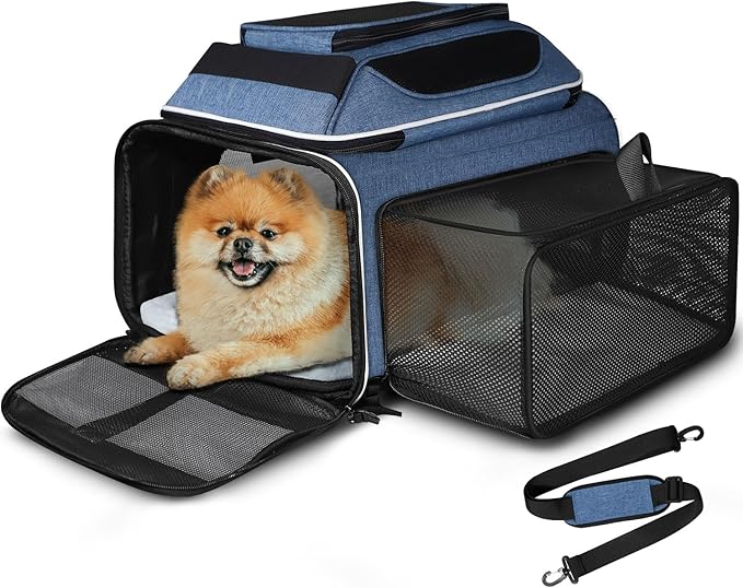 Petskd Top and Side Expandable Pet Carrier 17x11x9.5 Inches Alaska Airline Approved, Soft-Sided Carrier for Small Cats and Dogs with Locking Safety Zippers and Anti-Scratch Mesh(Blue)