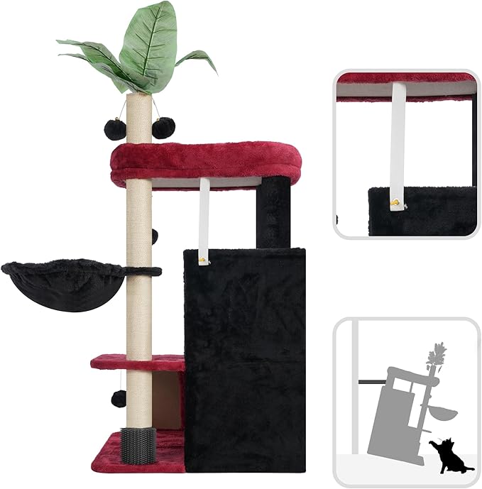Cat Tree for Indoor Cats Large Adult, Heavy Duty Cat Tower for Big Cats, Cat Tree House with Self Groomer Brush, Big Padded Top Perch, Scratching Post, Hammock, Black and red GCT011MU