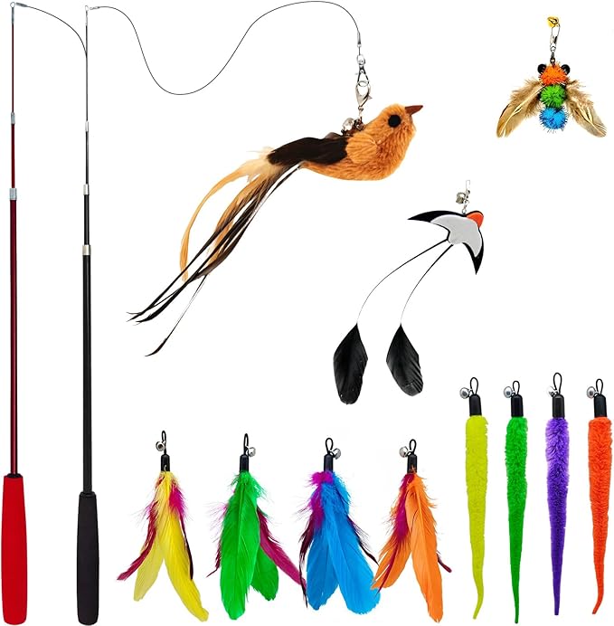 Interactive Cat Wand Toy Set – 2 Retractable Wands (38" & 50") with 11 Refills Attachments – Feather Toys, Plush Bird, Worms, Insect & Swallow – Cat Teaser Toys for Indoor Cats & Kittens