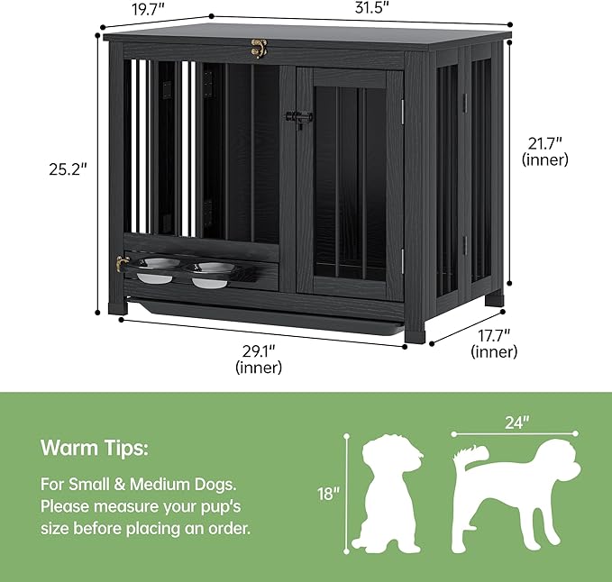 Dog Crate - 31.5" Wooden Dog Cage with Removable Tray & 360° Rotating Feeder | Decorative Dog Kennel Furniture Indoor | Multi-Functional End Table for Medium & Small Dogs | Black Portable Pet Crate