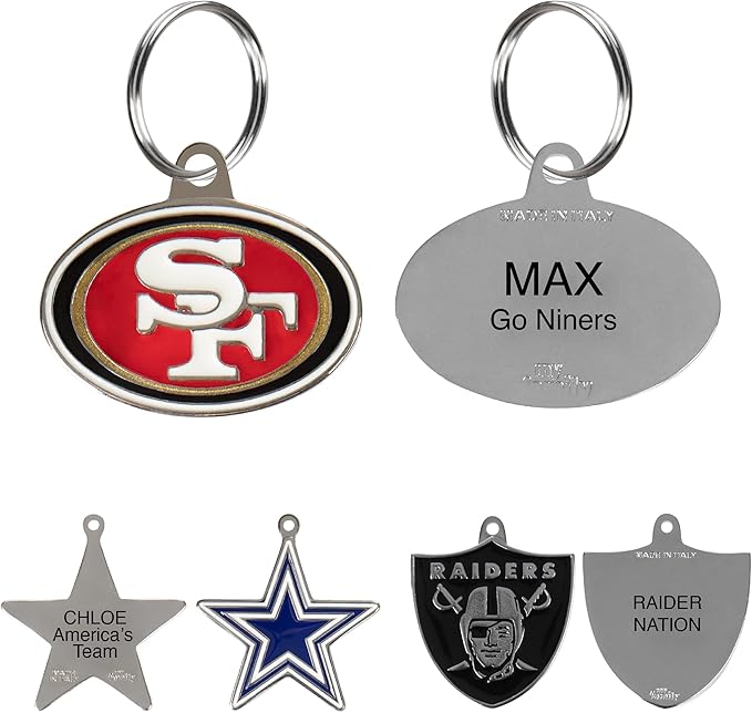 NFL San Francisco 49ERS Engraving Pet ID in 32 Team Logo Shapes - Personalized Dog & Cat Tags with 3 Lines of Customizable Text for Tracking & Safety. Stainless Steel ID Tags