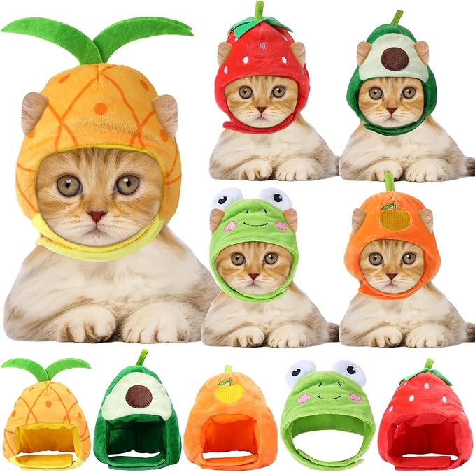 Weewooday 5 Pcs Cat Adorable Costume Bunny Hat with Ears Funny Mane Cat Hat for Pets and Small Dogs Kitten Puppy Party Costume Accessory Headwear(Avocado, Orange, Strawberry, Pineapple, Frog)