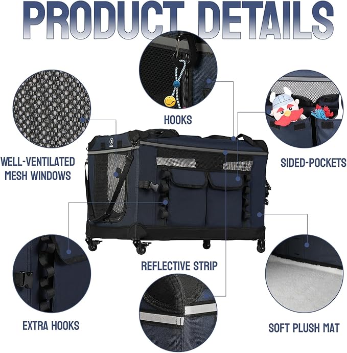 30IN Soft Collapsible Dog Crate w Detachable Wheels, Rolling Travel Dog Crate for Medium Breed Dogs, Portable Dog Kennel with Mesh Windows, Indoor & Outdoor Uses