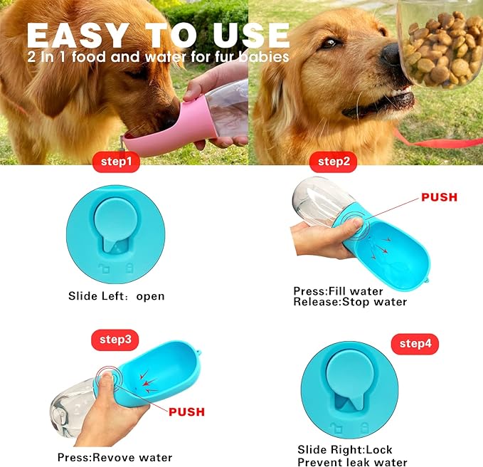 Portable Dog Water Bottle with Food Container,15oz Leak-Proof Pet Water Dispenser for Dogs, Cats, Puppies,Built-in Activated Carbon Filter for Travel,Hiking, Walking,and Outdoor Activities