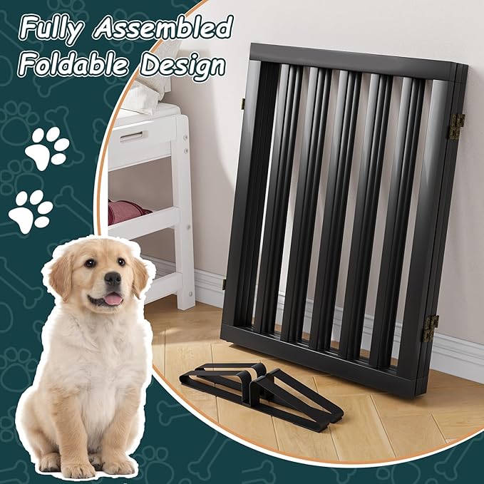 Semiocthome Bamboo Freestanding Dog Gates for Doorways,3-Panel Indoor Puppy Gates for the House with 2 Metal Stands,24"H Folding Pet Gate for Stairs Expands Up to 55"W Fully Assembled Stair Gate Black