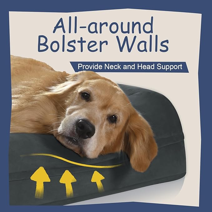 Orthopedic Dog Beds for Large Size Dogs, Waterproof Memory Foam Large Dog Bed with Bolster, Egg-Crate Foam Pet Couch Bed with Removable Washable Cover, Dark Grey