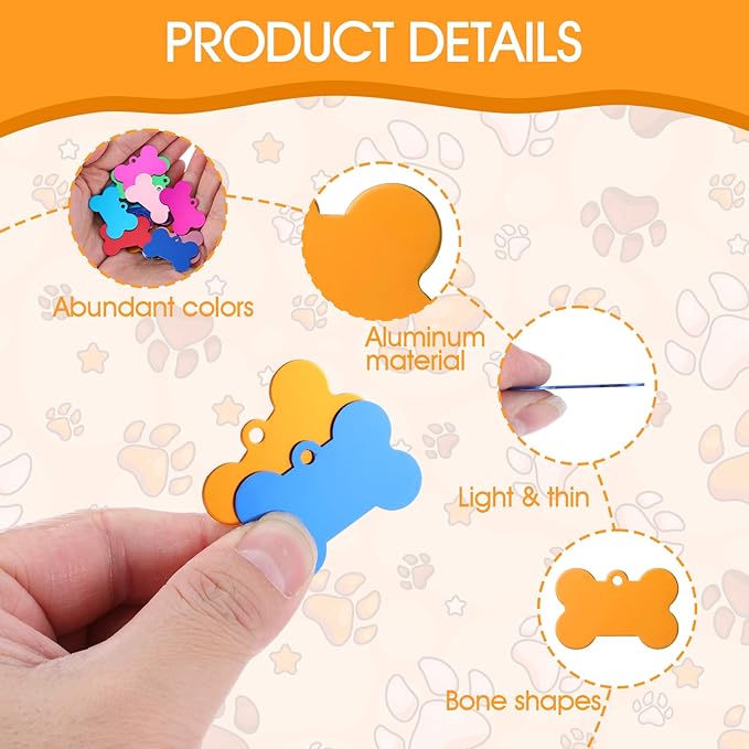 100 Pcs Blank Dog Pet ID Tags Number for Engraving 38MM Aluminum Bone Shape Name Tag Colorful Double Sided Dog Cat Phone Number Tag Pendants