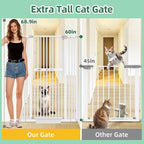 60" Extra Tall Pet Gate, 30-40" Wide, Auto Close, White Metal for Stairs & Doorways, Cat Toy Included