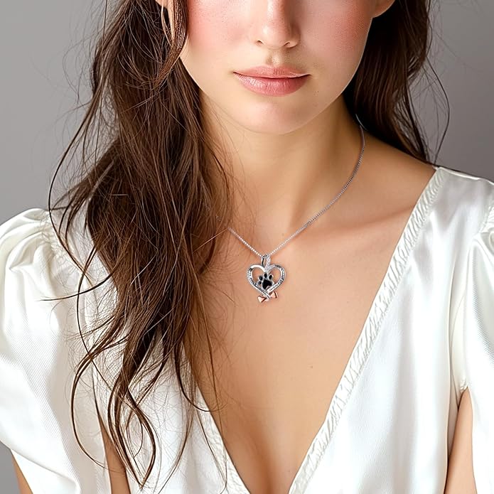 VANLAMS Womens 925 Sterling Silver Bone Love Heart Dog Paw Print Pendant Necklace I Love You Forever and Ever, Gifts for Dog Owner