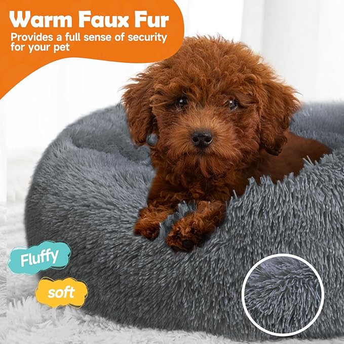 Dog Ded,Cat Beds for Indoor Cats, 23 inches Cat Bed Machine Washable, Fluffy Round Pet Bed Non-Slip, Calming Soft Plush Donut Cuddler Cushion Self Warming for Small Dogs Kittens, Dark Grey 31.5IN