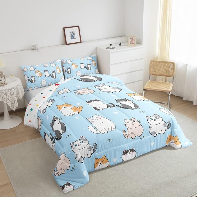 Erosebridal Cute Cat Comforter Set for Girls Blue Bedding Set King Kawaii Animal Pet Bedding Sets & Collections Cartoon Kitten Pattern Down Comforter All-Season Microfiber Bed Sets with 2 Pillowcases