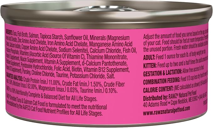 Rawz Natural Premium Shredded Canned Cat Wet Food - Grain Free Made with Real Meat Ingredients No BPA or Gums - 3oz Cans - 18 Count (Tuna & Chicken)