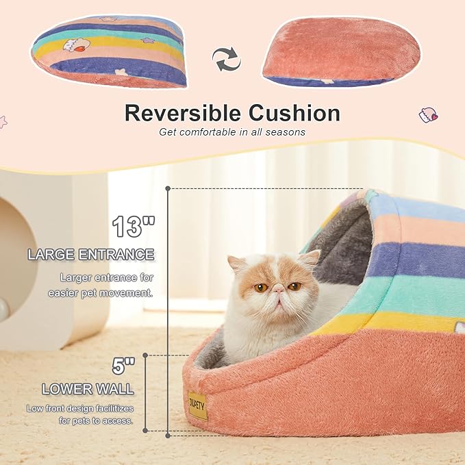 Jiupety Cute Cat Beds for Indoor Cats, Cat Cave Bed and Kitten Bed, Hideway Cat House and Cat Tent with Anti-Slip Bottom, Washable Removable Cushion, M(16"x16"x13"), Rainbow.