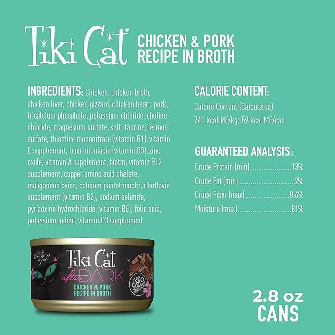 Tiki Cat After Dark, Chicken & Pork, High-Protein and 100% Non-GMO Ingredients, Wet Cat Food for Adult Cats, 2.8 oz. Cans (Pack of 12)
