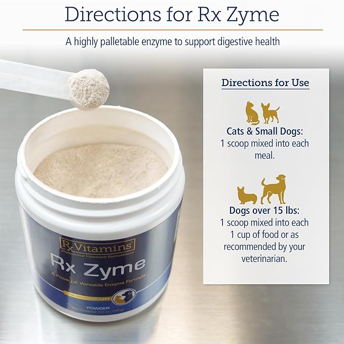 Rx Vitamins Rx Zyme Powder - Digestive Enzymes for Dogs & Cats - Anti Diarrhea for Dogs, Cat Constipation Relief, Anti-Bloating - Cat Digestive Support and Dog Gut Health - 120g