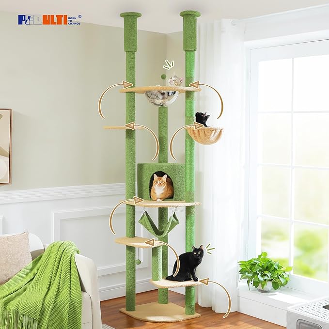 PEQULTI Floor to Ceiling Cat Tree 92.9’’-101.6’’ Height Adjustable Cat Tower Tall Kitty Climbing Play House with Scratching Posts, Cozy Condo, Perches and Large Hammock for Indoor Cats Green