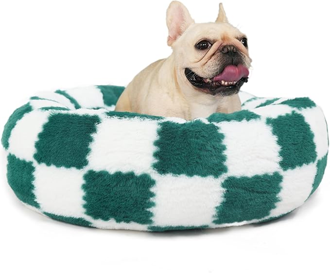Dog Bed Small Size Dog Washable Round Donut Checkered Green Pet Beds for Small Dogs Orthopedic Snuggle Bed 23 Inch