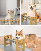 Elevated Dog Bowls, Adjustable Raised Dog Bowl Stand for Small Size Dogs and Cats, Durable Bamboo Dogs Feeder with 2 Stainless Steel Bowls and Non-Slip Feet, Pet Food Bowl with Mat