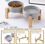 Elevated Ceramic Dog Bowl Set - Raised Dog Bowls with Non Slip Bamboo Stand, Food and Water Bowl Set for Kitty, Cats and Toy Breed Dogs, Pet Bowls, Weighted Dogs Dishes (5.1'', 2*16OZ, Grey)