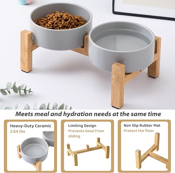 Elevated Ceramic Dog Bowl Set - Raised Dog Bowls with Non Slip Bamboo Stand, Food and Water Bowl Set for Kitty, Cats and Toy Breed Dogs, Pet Bowls, Weighted Dogs Dishes (5.1'', 2*16OZ, Grey)