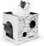 Cardboard Cat House with 2PCS Scratcher Pad Large Cat Scratchers Lounge Bed for Indoor Cats Cat Scratching Board & Cat Scratcher Box for Bunny/Cats Animals. (White-Graffiti)