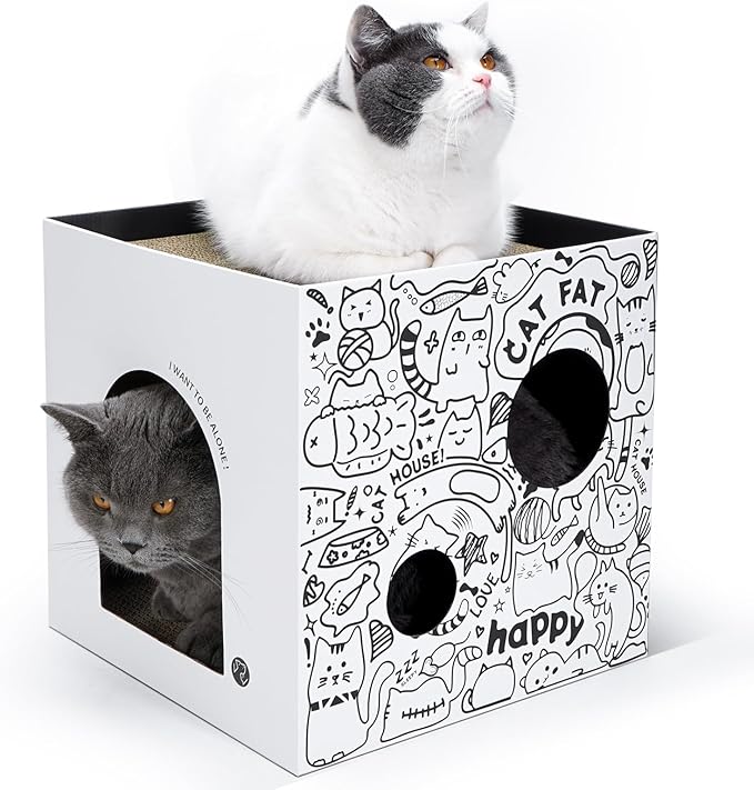 Cardboard Cat House with 2PCS Scratcher Pad Large Cat Scratchers Lounge Bed for Indoor Cats Cat Scratching Board & Cat Scratcher Box for Bunny/Cats Animals. (White-Graffiti)
