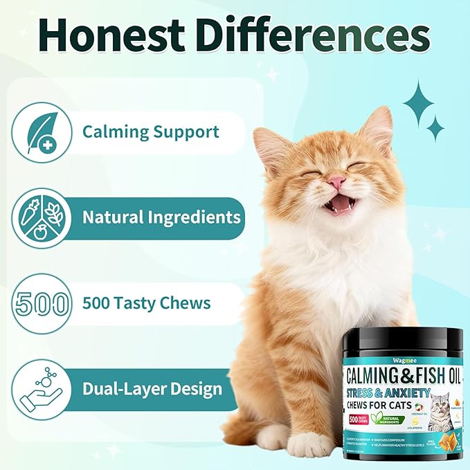 Wagmee Cat Calming Treats - 500 Crunchy & Creamy Cat Chews with Melatonin, Chamomile for Cat Stress and Anxiety Relief - Travel, Vet Visits, Storms and Separation Anxiety, Chicken and Krill Flavor