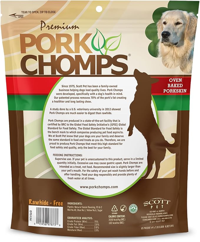 Pork Chomps Baked Pork Skin Dog Chews, 11-inch Knots, Bacon Flavor Strip, 4 Count