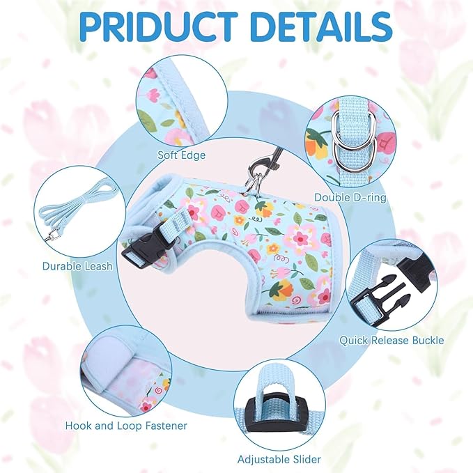 BINGPET Cat Harness and Leash Set Escape Proof for Walking,Step-in Harness with Lightweight Soft Breathable Mesh,Adjustable Easy Control Harness for Kitten Puppy Small Medium Large Cats(Flower,L)