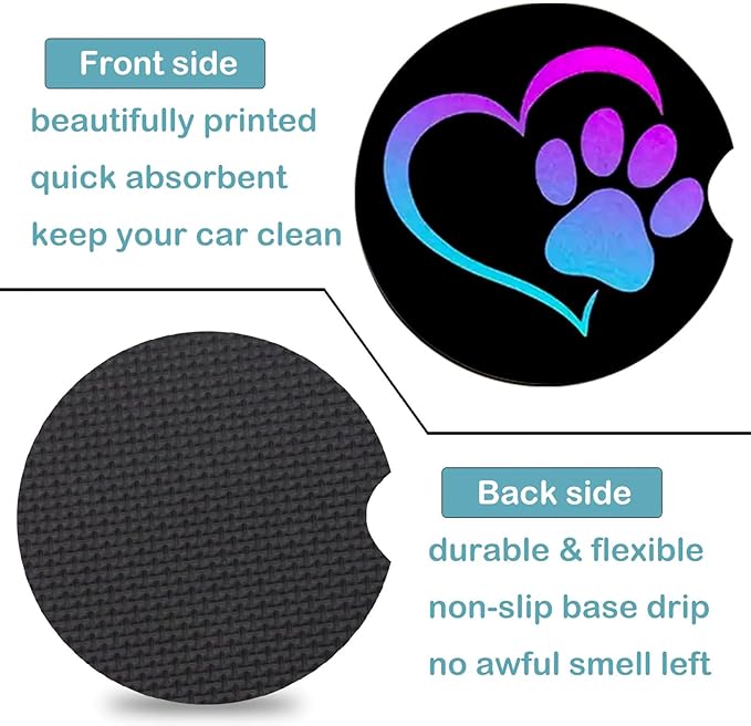 Car Coasters for Cup Holders,2 Pack Love Dog Paw Car Coasters,2.75" Universal Size Anti Slip Rubber Mat,Automotive Cup Holder Decal Decor Accessories,Dog Lovers Gifts for Women,Men,Mom