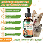 Oral Flea and Tick Support for Dogs and Cats, Natural Dog Flea and Tick Defense, Cat Flea Drops Supplements with Vitamin for Pets - All Breeds and Ages - Bacon