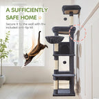 Taoqimiao MS042G Cat Tree,66-inch Large Cat Tower with Scratching Posts, Luxurious Large Platform for Big Cats with Soft Hammock, Adjustable Basket, Deluxe Cat Cando, Top Perch Smoke Gray