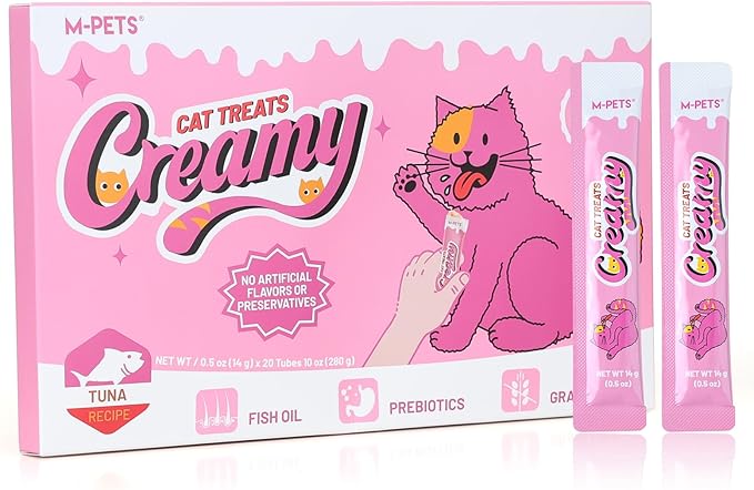 M-PETS Ocean Fresh Tuna Lickable Cat Treat – 20 Tubes of Healthy Squeeze Up Creamy Snacks with Functional Nutrients for Hydration, Digestive & Coat Health – Grain Free, High Protein, Low Calorie